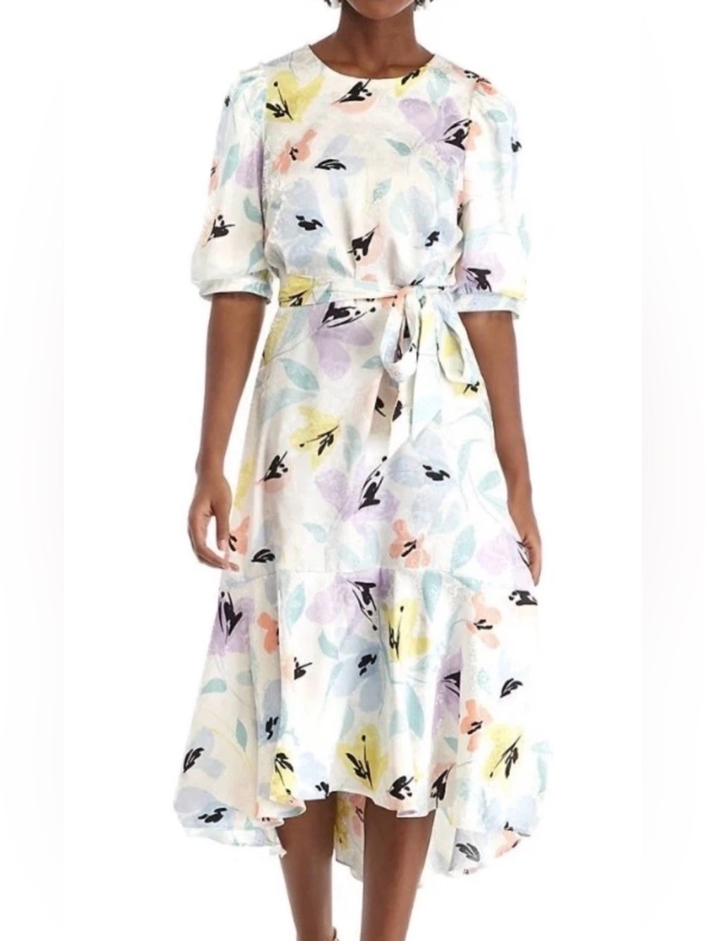 Clavin Klein Puff Sleeve Floral White Multicolor Hi-low Midi Dress Sz 10 NWT